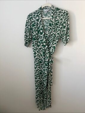 Ganni Green and White Floral Wrap Dress